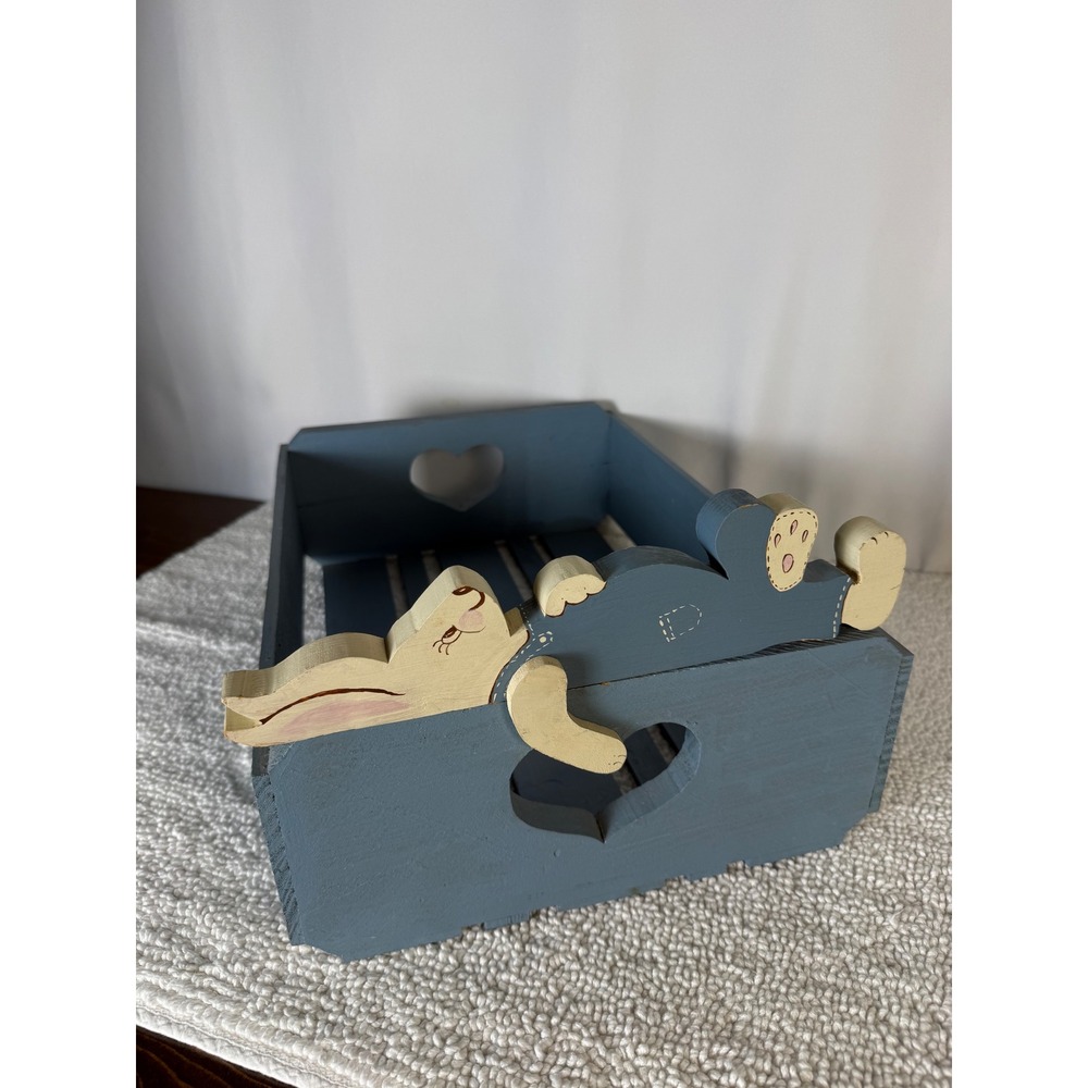 Blue‎ Wooden Crate Heart Cutouts Bunny  Rustic Farmhouse Storage Organizer